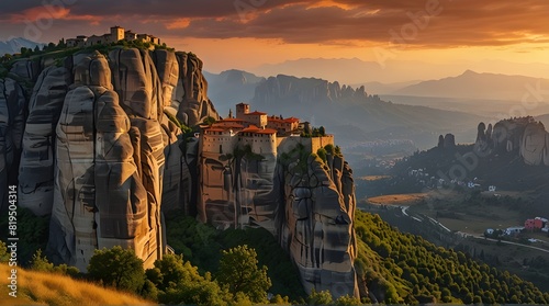 Panoramic scenic view of the famous Meteora flying monasteries in Greece at sunrise. A journey to the wonders of the world. Visit tourist attractions and landmarks.generative.ai 