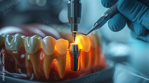 Dental implant procedure with modern equipment. Close-up of a prosthetic tooth being installed by a gloved hand in a dental clinic.