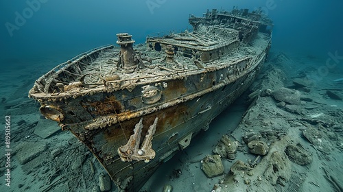 The remains of a ship, with its anchor still visible, stuck in the seabed..illustration graphic