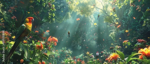 Lush tropical rainforest with vibrant flowers, sunlight streaming through trees, and colorful birds. A serene and lively natural scene.