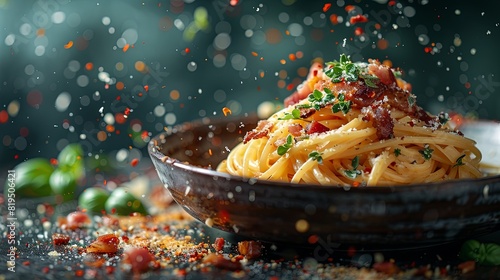 Close-up of a bowl of spaghetti carbonara topped with crispy bacon, fresh basil, and a shower of grated Parmesan cheese.