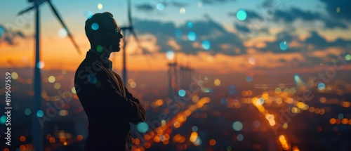 Silhouette of a man standing with folded arms, cityscape and wind turbines in the background during sunset, bokeh effect lighting.