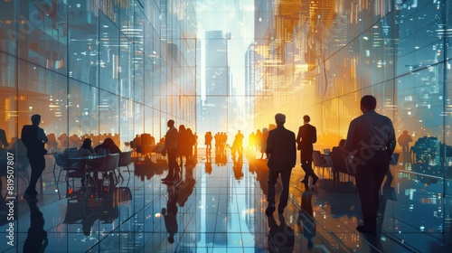 Silhouetted figures walking through a modern cityscape at sunset with reflections in glass and vibrant colors, symbolizing urban life and progress.