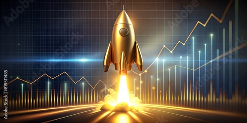 Golden rocket launch set against a glowing stock market trend graph depicting economic uplift and futuristic success. 