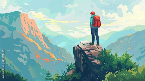 Man with backpack, traveller or explorer standing on top of mountain or cliff and looking on valley Concept of discovery, exploration, hiking, adventure tourism and travel Flat vector illustration