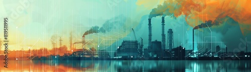 A digital painting of a factory on the waterfront at sunset. The factory is surrounded by a network of pipelines and electrical lines.