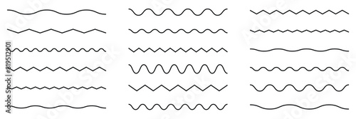 Wave line and wavy zigzag pattern lines. Vector black underlines, smooth end squiggly horizontal curvy squiggles on white background.