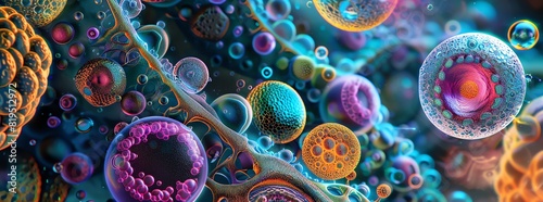 Abstract colorful microscopic organisms and cells, biological pattern, vibrant 3D rendering, scientific digital art.