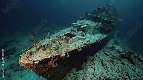 A sunken warship, with its cannons still visible, resting on the seabed..stock image