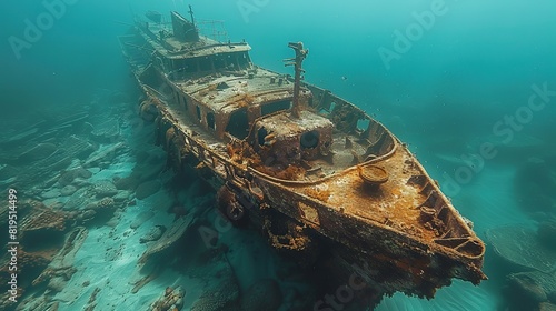 The skeletal remains of a ship, creating an artificial reef for marine life..illustration