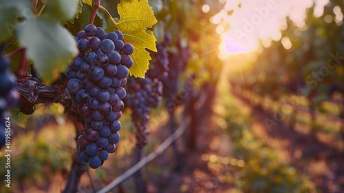 Close-up of ripe grapes hanging on vines in vineyard during sunset, with warm sunlight illuminating the background.