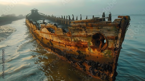 The remnants of a wooden sailing ship, with its masts jutting out of the water..stock image
