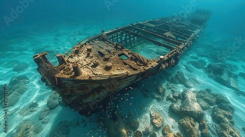 The skeletal structure of a ship, surrounded by crystal clear water and marine life..stock photo
