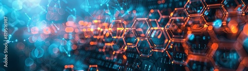 Abstract image of interconnected molecular structures illuminated by neon blue and orange lights, symbolizing advanced science and technology.