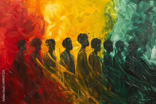 Vibrant painting of African-American heroes marching for freedom, draped in luxurious fabrics of red, yellow, and green