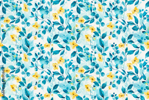 Watercolor floral pattern with blue and yellow flowers and leaves on a white background, creating a seamless and delicate decorative tile.