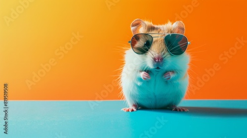 cute hamster wearing sunglasses, sitting on the table with copy space area