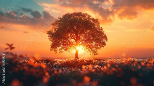 A beautiful sunset over a lonely tree in a field of flowers AIG51A.