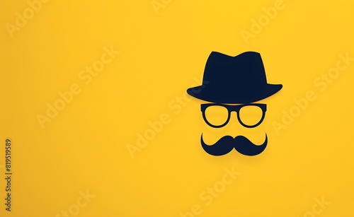 Minimalistic illustration of moustache and glasses wearing a hat, yellow background, father day background