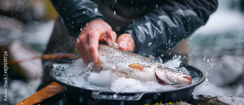 An angler cleaning a freshly caught fish, close up, skill theme, dynamic, blend mode, cabin backdrop.