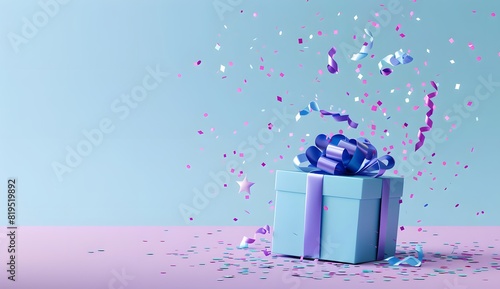 3D cartoon illustration of blue open gift box with mustache icon flying out and colorful firecrackers and stars for a happy Father's Day celebration background. copy space