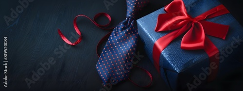 Blue gift box with red ribbon and tie on dark navy background, father day background