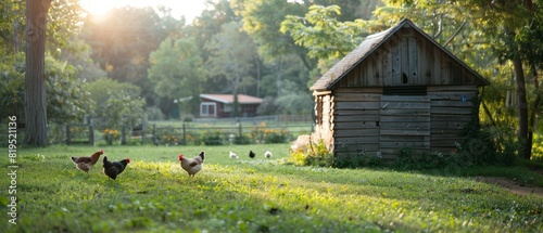 Rural landscape with chickens roaming freely near a rustic wooden barn, surrounded by lush greenery and dappled sunlight.