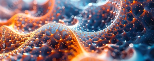 Abstract render of glowing orange and blue plexus shapes resembling microscopic organisms or virus cells