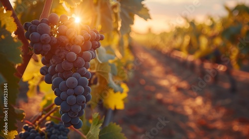 Sunset over a vineyard with ripe grapes hanging from the vines, ready for harvest and wine production in a picturesque setting.