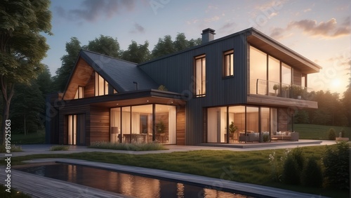 Architecture modern cozy clinker house on summer evening, 3D building design illustration