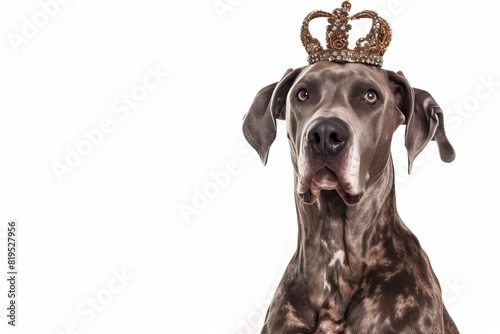 Great Dane with a Crown: A majestic Great Dane wearing a miniature crown on its head, sitting regally with a dignified expression.