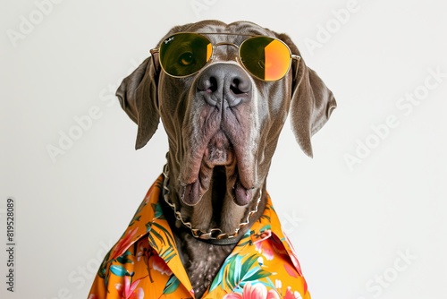 Great Dane with a Hawaiian Shirt and Sunglasses: A relaxed Great Dane wearing a colorful Hawaiian shirt and stylish sunglasses, exuding laid-back vibes and island charm. 