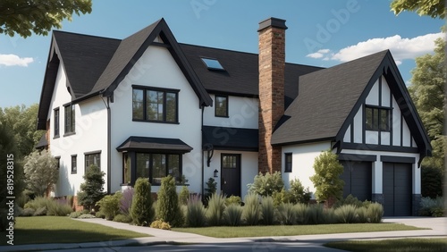 Architecture modern tudor style house with fairy roof in summer day, 3D building design illustration