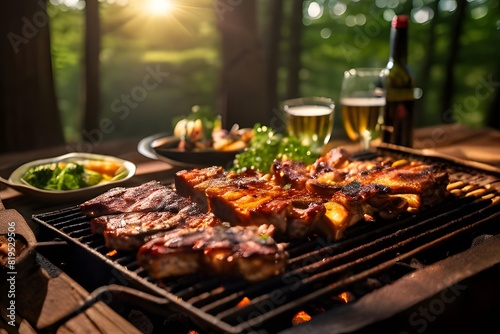Pork rib racks roasting on a rectangular grill with wood members set in the woods far away and the sun far away. Large, long wooden tables are ready for meals, ai, generative