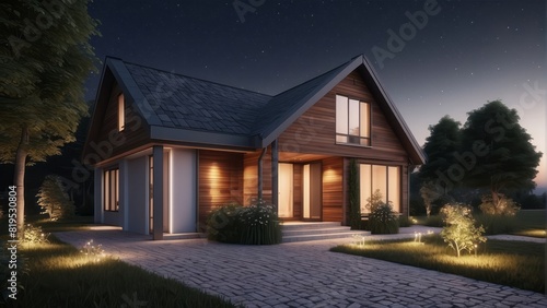 Architecture modern cozy clinker house on summer night, 3D building design illustration