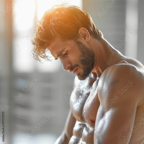 A shirtless, fit man with a beard, glistening with sweat, appears to be resting or exhausted, with sunlight accentuating his muscular physique.