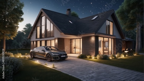 Architecture modern cozy clinker house on summer night, 3D building design illustration