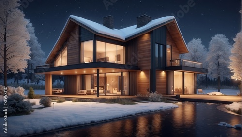 Architecture modern cozy clinker house on cool winter night, 3D building design illustration