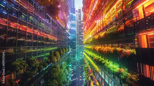 A front view of an AIoperated urban farm inside a skyscraper, showcasing vertical agriculture technology, with a technology tone in vivid colors