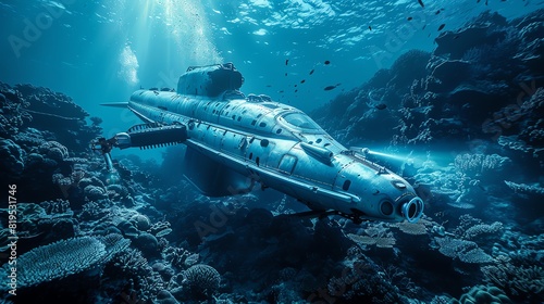 A hightech submarine exploring coral reefs with robotic arms collecting samples, front view, focusing on marine research, with a technology tone in Monochromatic Color Scheme