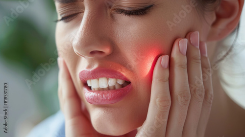 A woman appears to be in pain, holding her cheek and jaw area, possibly indicating a toothache or temporomandibular joint (TMJ) discomfort.