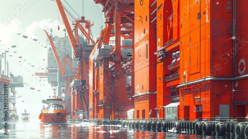 A side view of a smart marine port where automated cranes and AIguided ships enhance logistics