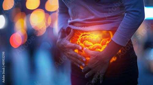 A person holding their stomach with a superimposed graphic of glowing intestines, symbolizing digestive problems or abdominal pain, against a blurred background with lights.