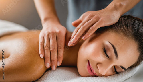 woman's bare back during a spa treatment, with a female hand gently massaging the skin, symbolizing relaxation, wellness, and self-care in a serene, white setting