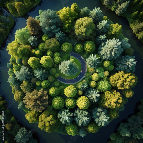 A creatively rendered top view of a forest, with each tree representing a different aspect of nature and the environment.