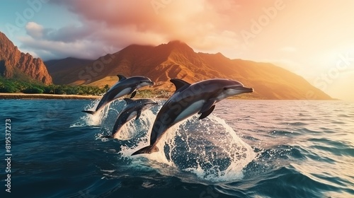 Three beautiful dolphins jumping over breaking waves. Hawaii Pacific Ocean wildlife scenery. Marine animals in natural habitat generate AI