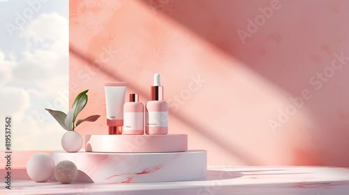 Isometric 3D render of a premium skincare product line in an aesthetically pleasing package, arranged on a minimalist podium with a serene background
