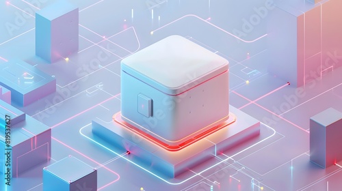 Isometric 3D render of a smart home device package, highlighting a futuristic box design with sleek lines, set against a modern, tech-centric background