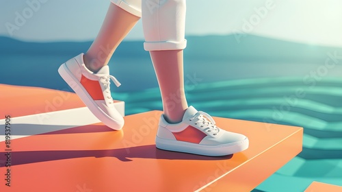 Isometric 3D render of a person wearing new sneakers, walking along a stylish boardwalk with the sea and beach in the background
