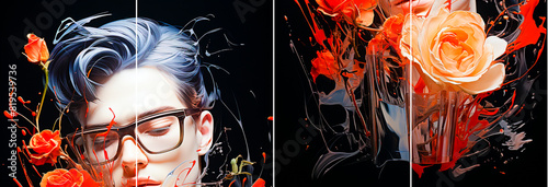 4 photos, Unique artistic interpretation of a self-portrait with glass. Surreal style with flowing lines for a dream effect. Combining elements of the human form and abstract imagination.